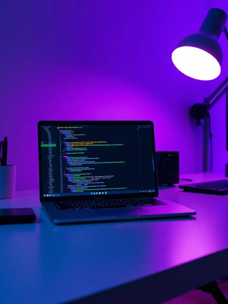 A professional workspace with a clean desk, a modern laptop