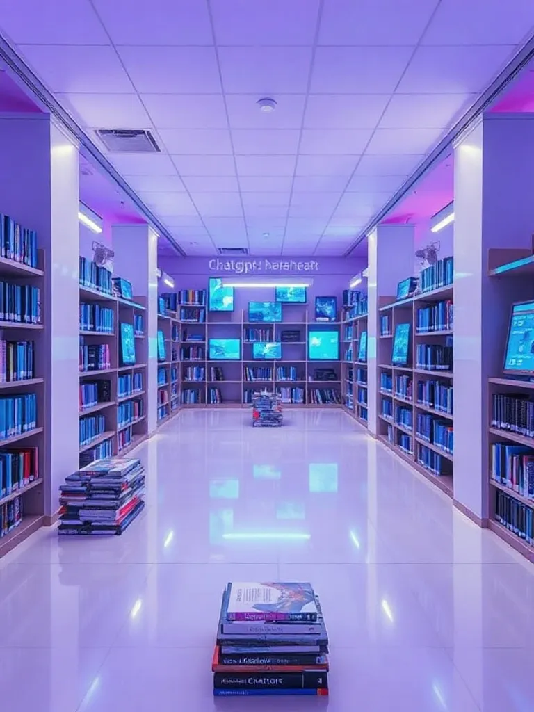 A minimalist modern library with digital glowing screens and